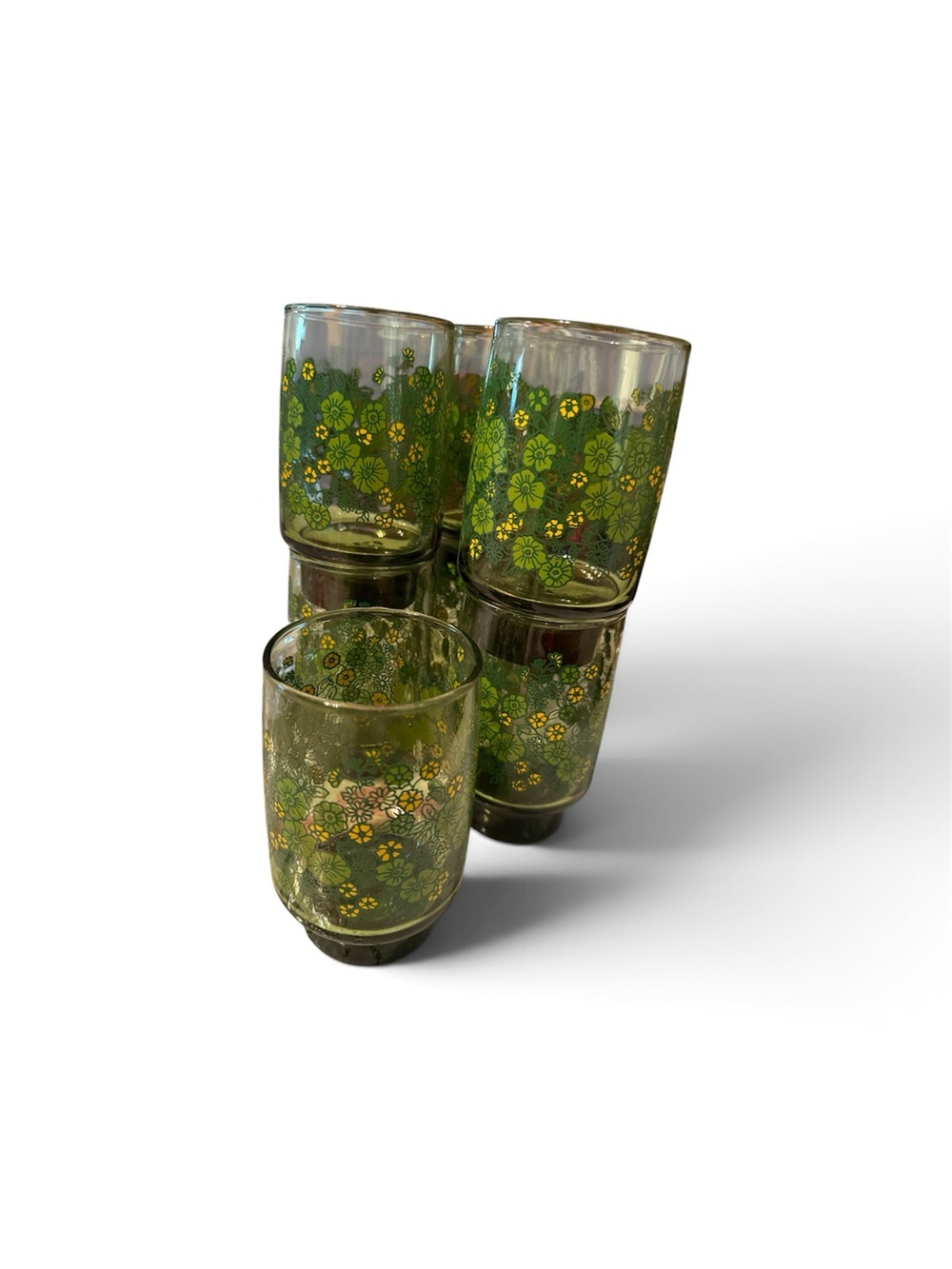 Sam & Libby Olive Green Floral Glass Tumbler Set - 7 pcs 1970’s
